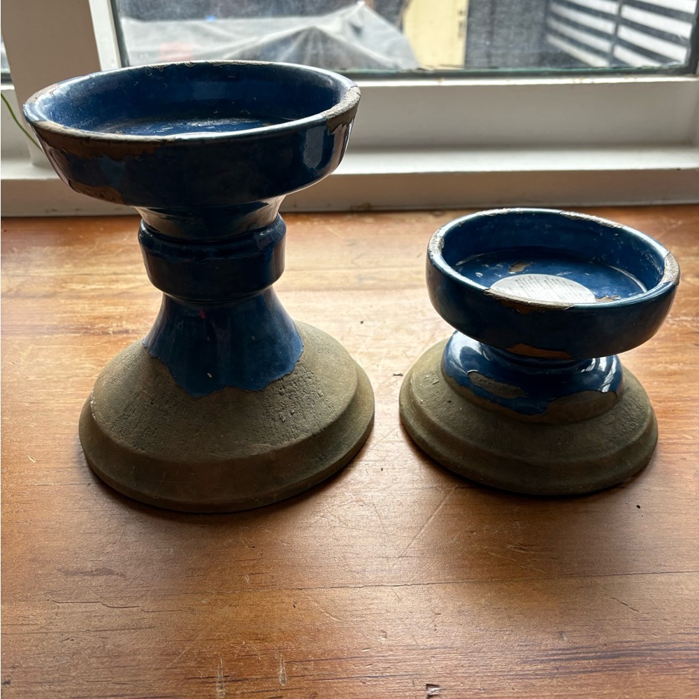Pottery Barn Blue Tuscan-Glazed Ceramic Pedestal Candle Holders (Set of 2)